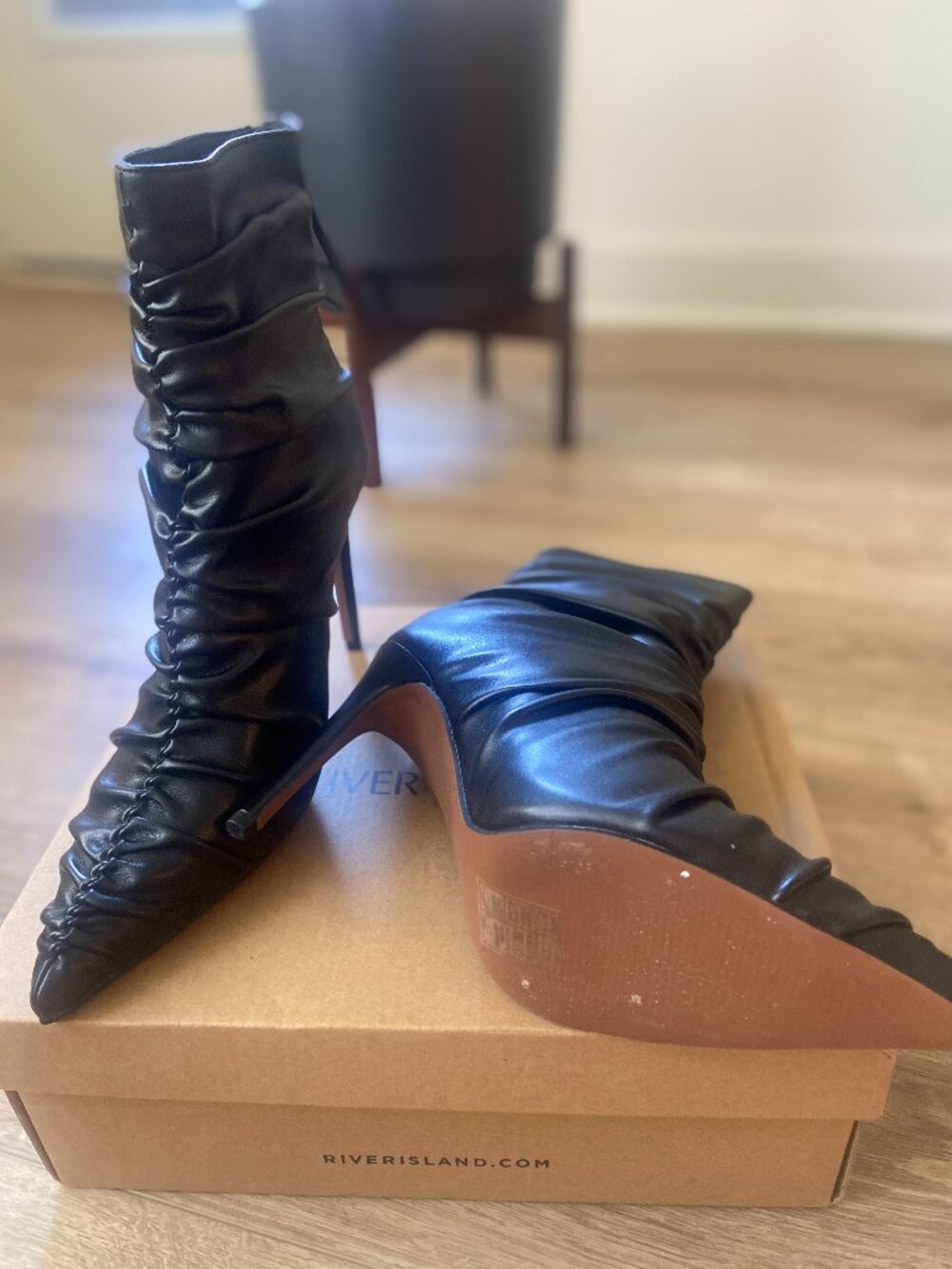 River Island Black Ruched Pointed Toe High Heel Boots Size 9